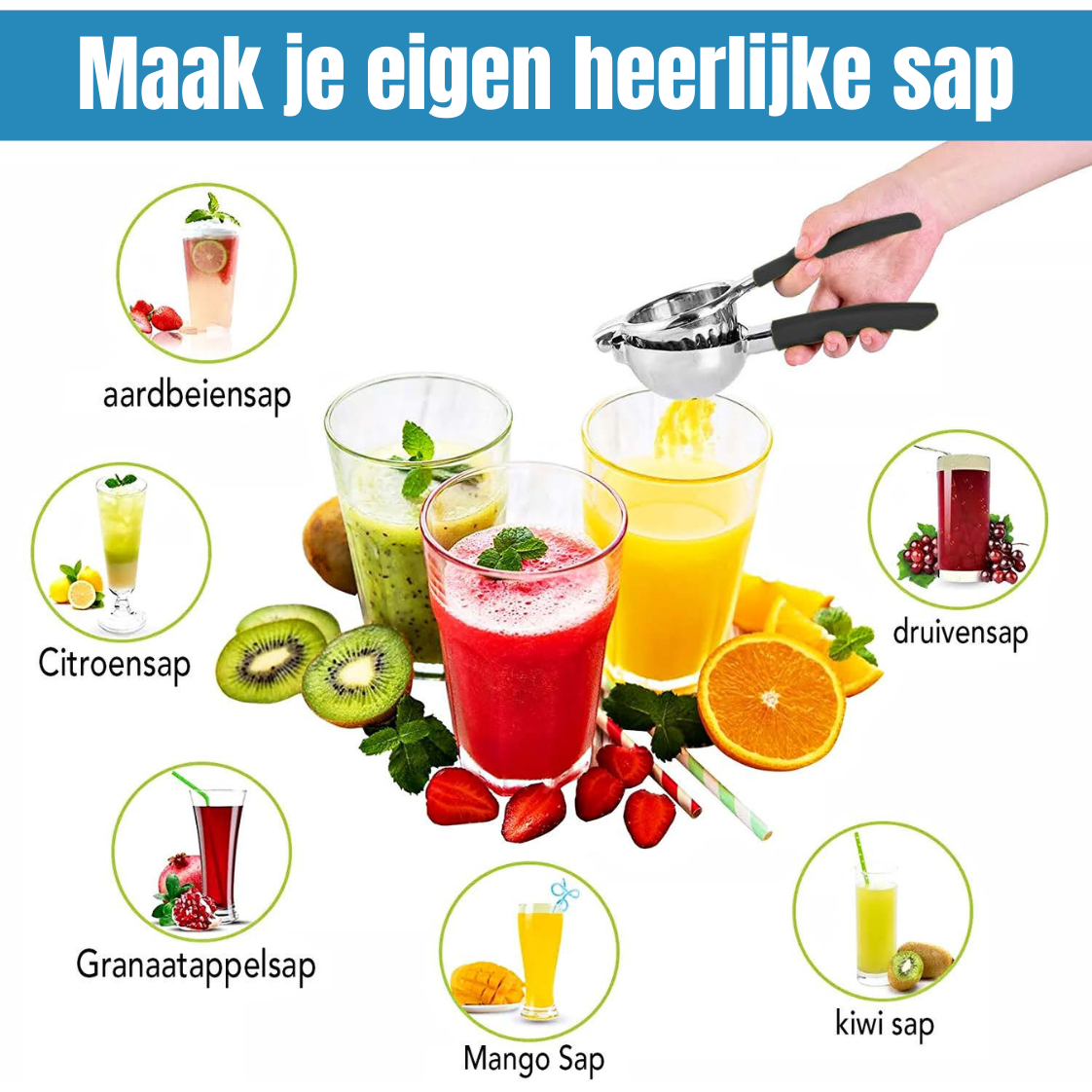 IntraSellers Presse-citron en acier inoxydable – Presse-agrumes manuel – Extra large – Poignée en silicone – Presse-fruits – Presse-citron vert – Presse-orange – Presse-citron